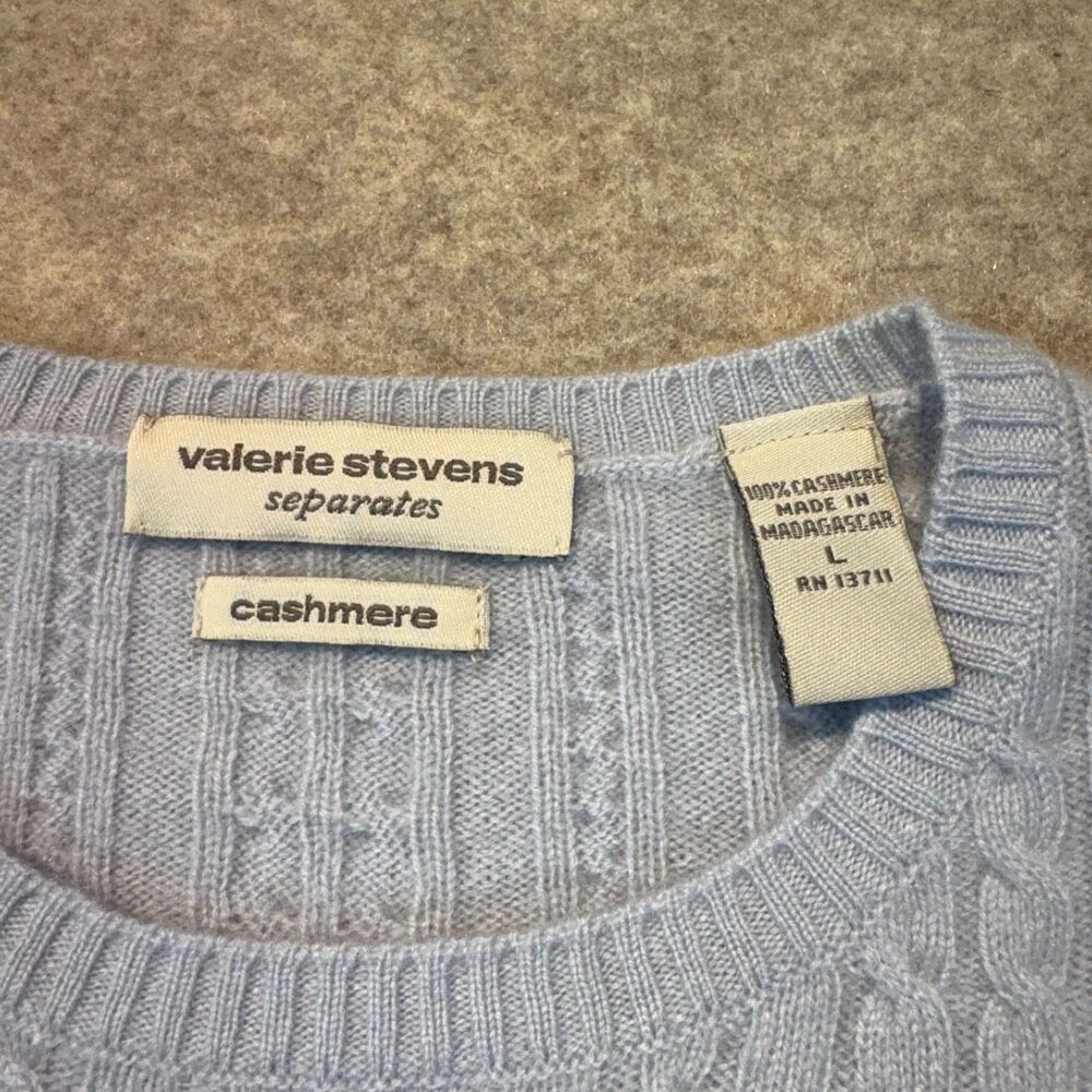 Valerie Stevens 100% Cashmere Cable Knit Sweater Powder Blue Size L - Picture 2 of 5